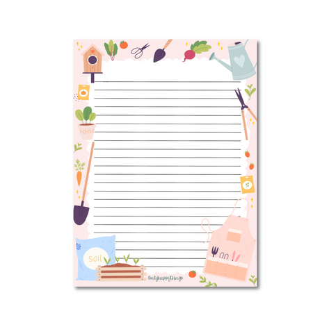 Green Thumb Delights A5 Notepad border has gardening tools, vegetables, watering can, soil and planters