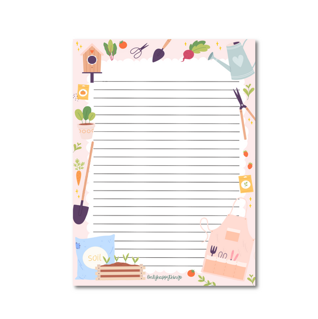 Green Thumb Delights A5 Notepad border has gardening tools, vegetables, watering can, soil and planters