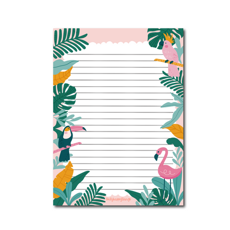 Tropical Summer A5 Notepad border with flamingo, parrots, palm leaves in shades of green and pink