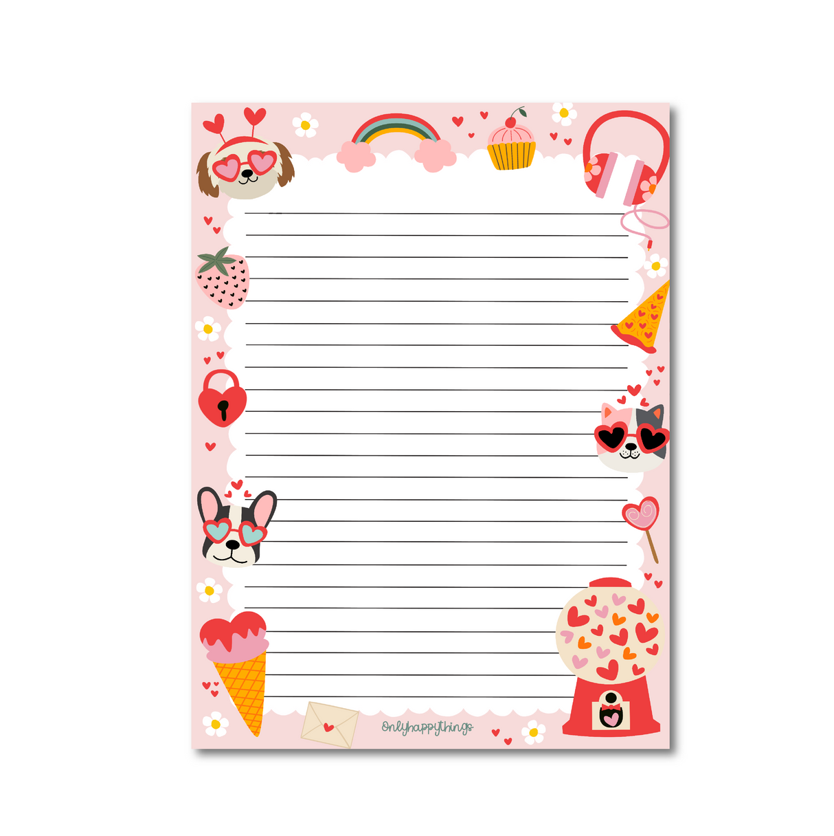 Pawsome Love A5 Notepad border of dogs and cats with heart eye glasses, heart lockets, flowers, rainbows, cupcakes, pizza, gumball machine, ice-cream cone and heart lollipop