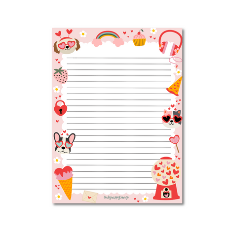 Pawsome Love A5 Notepad border of dogs and cats with heart eye glasses, heart lockets, flowers, rainbows, cupcakes, pizza, gumball machine, ice-cream cone and heart lollipop