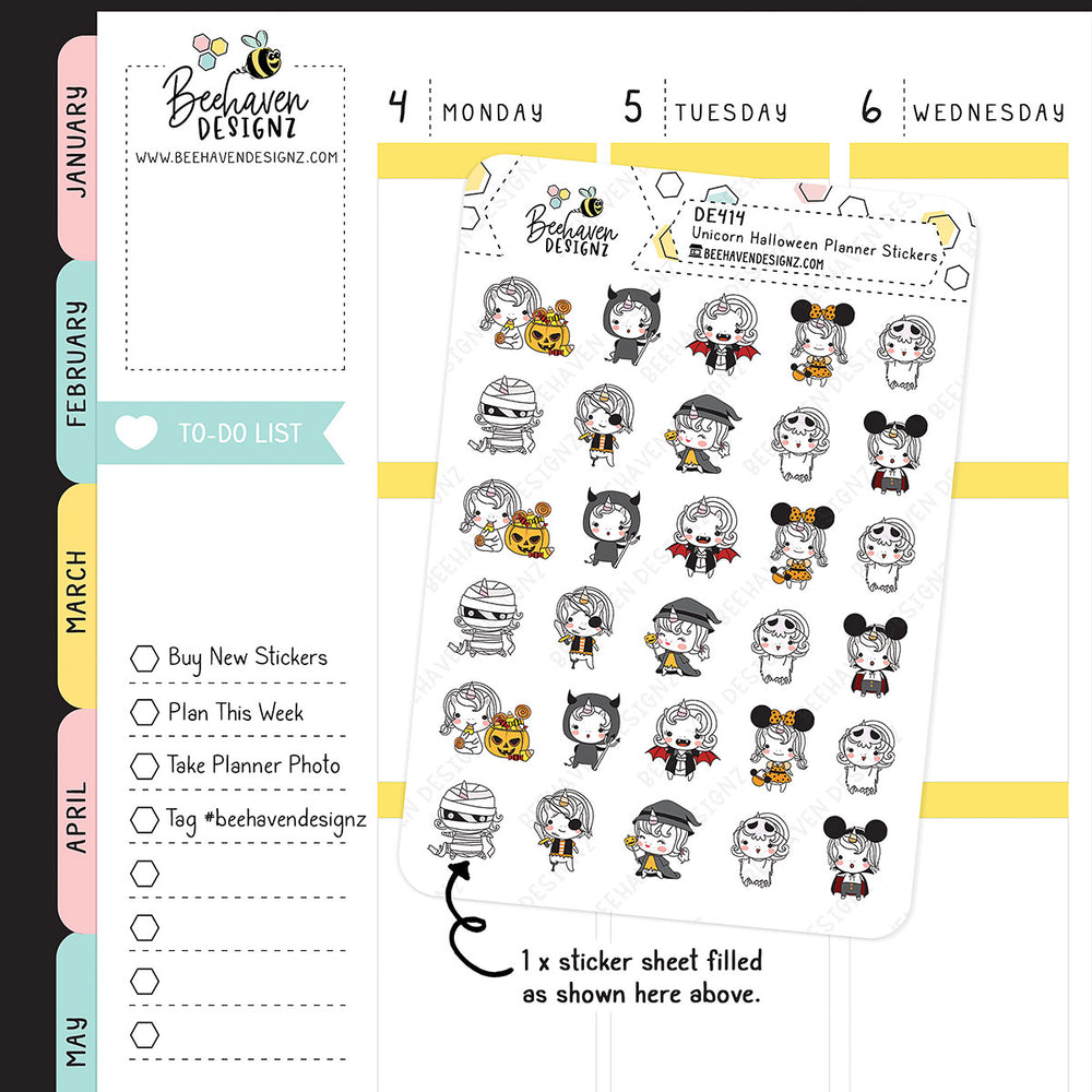 Unicorn Halloween Doodle Planner Stickers