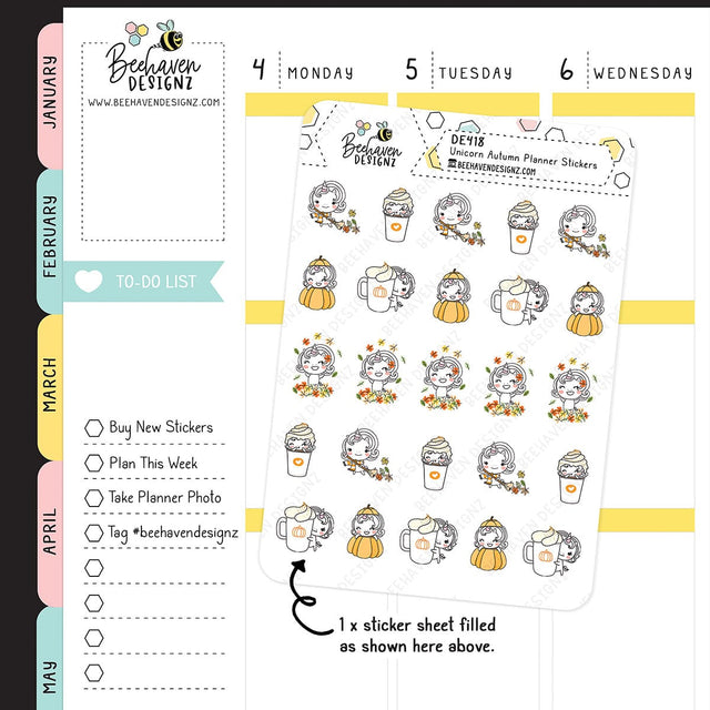 Unicorn Autumn Doodle Planner Stickers