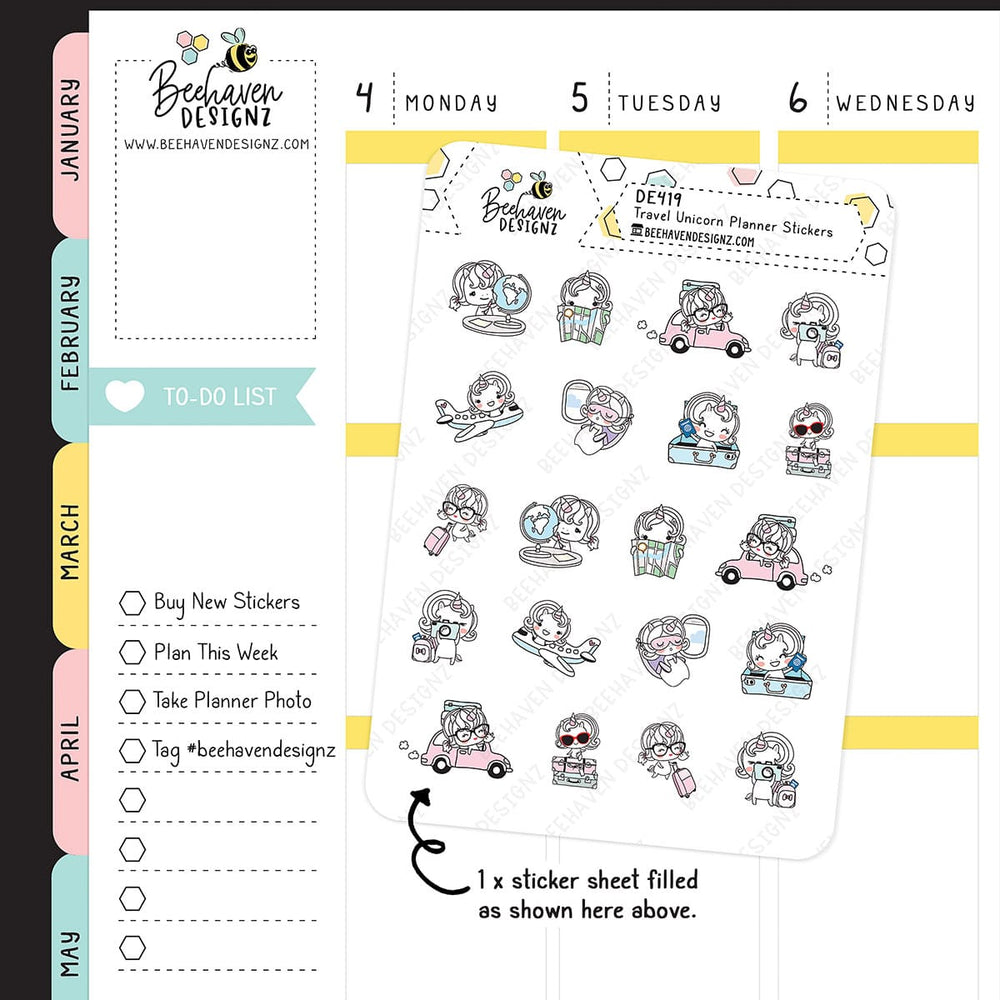 Unicorn Travel Doodle Planner Stickers