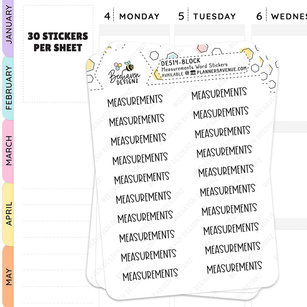 Block text style Measurements Script Planner Stickers