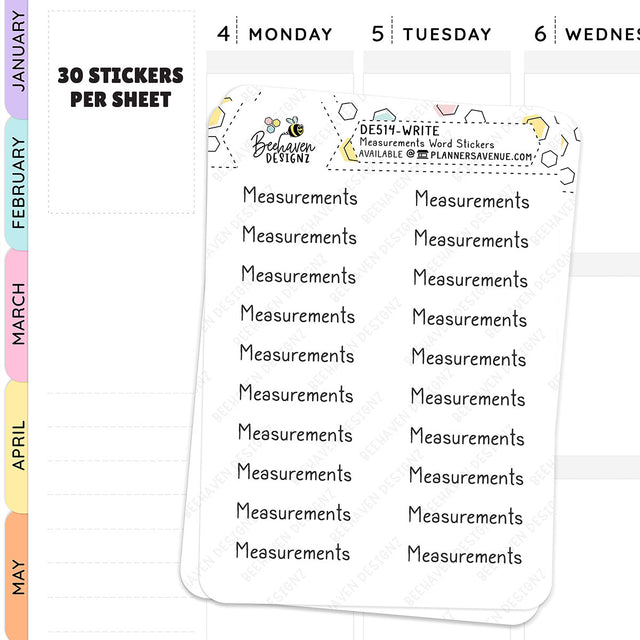 Handwritten text style Measurements Script Planner Stickers