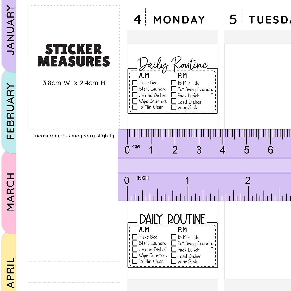 Size comparison for Daily Routine Script Box Planner Stickers