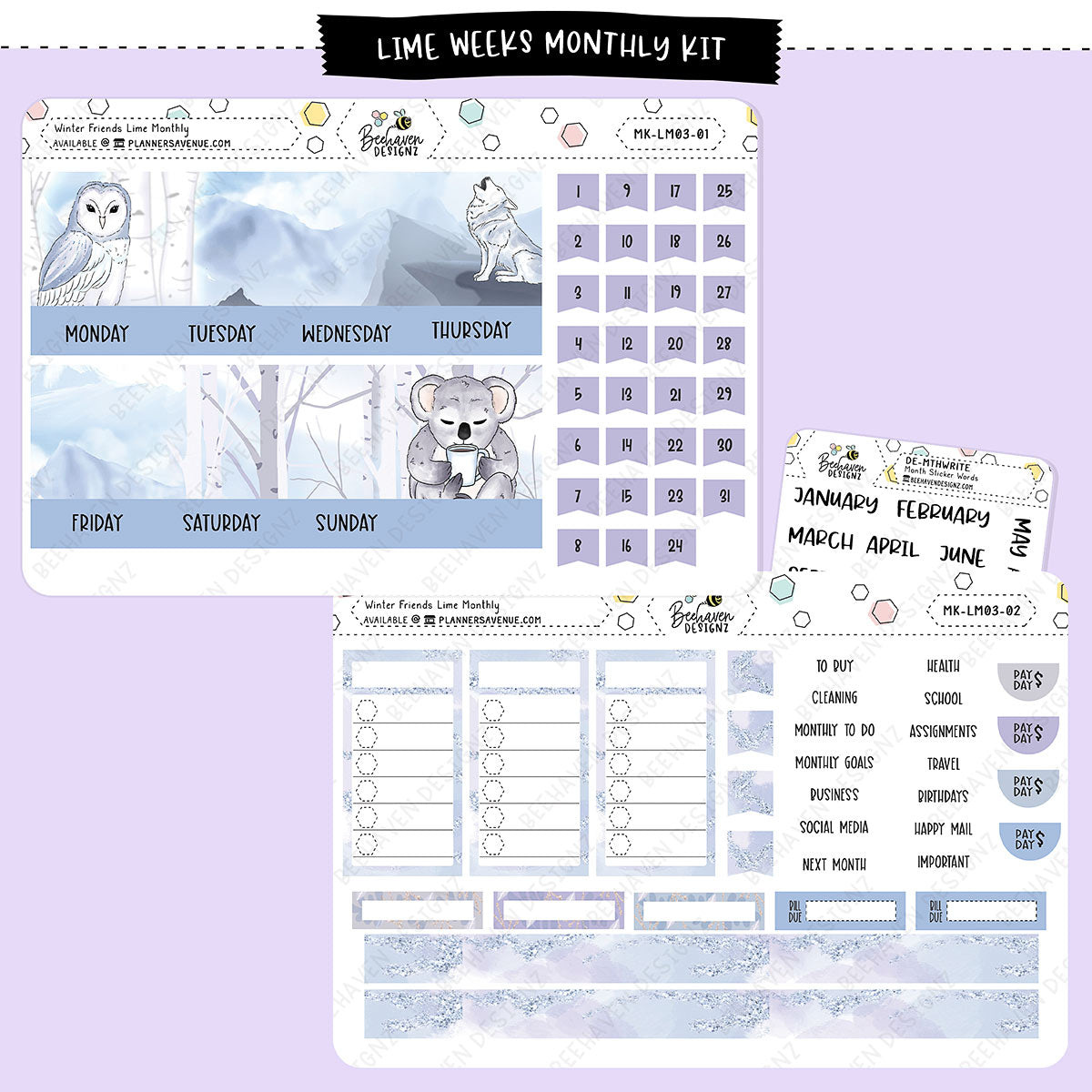 Winter Anmails Lime Weekly Planner Monthly page Sticker Kit