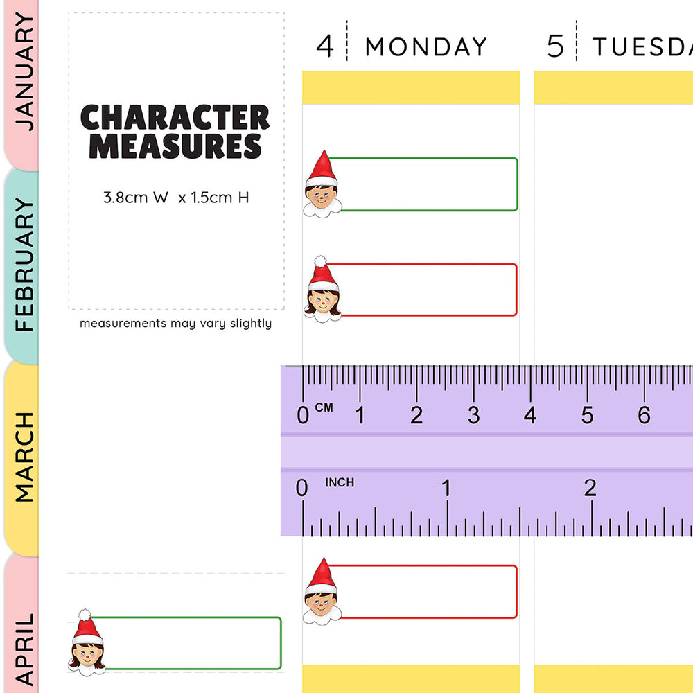Christmas Elf Quarter Box Planner Stickers sizing guide chart