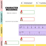 Christmas Elf Quarter Box Planner Stickers sizing guide chart