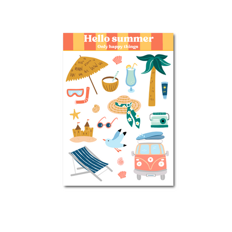 Hello Summer Sticker Sheet with beach sandcastles, umbrella, palm tree, sunscreen, deck chair, seagull, shells, combi van, sun hat and snorkel