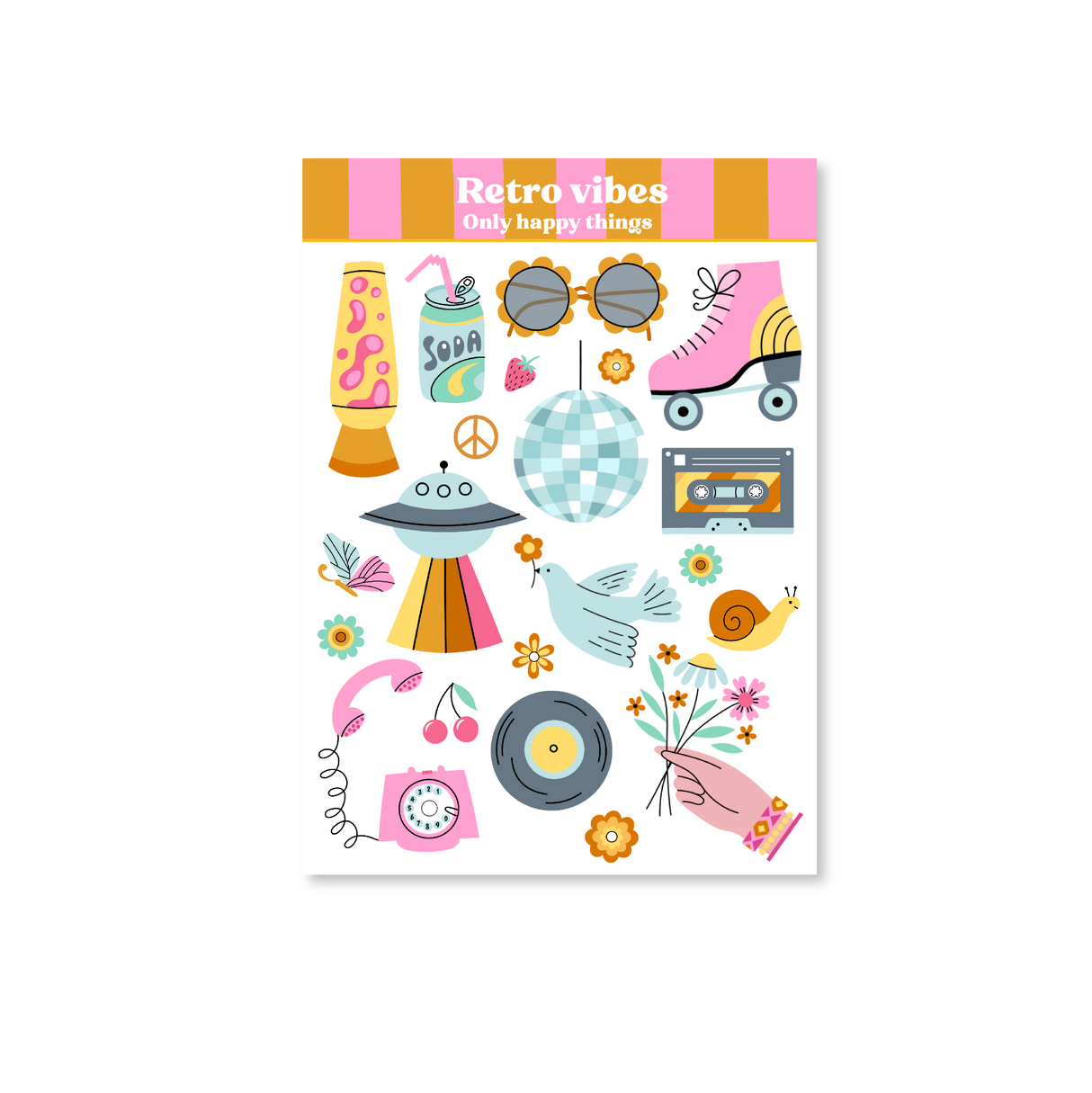 Retro Vibes Sticker Sheet with cartoon illustrated disc ball, roller skates, lava lamp, phone, record, tape cassette, and flowers in shades of pink, yellow, brown and orange