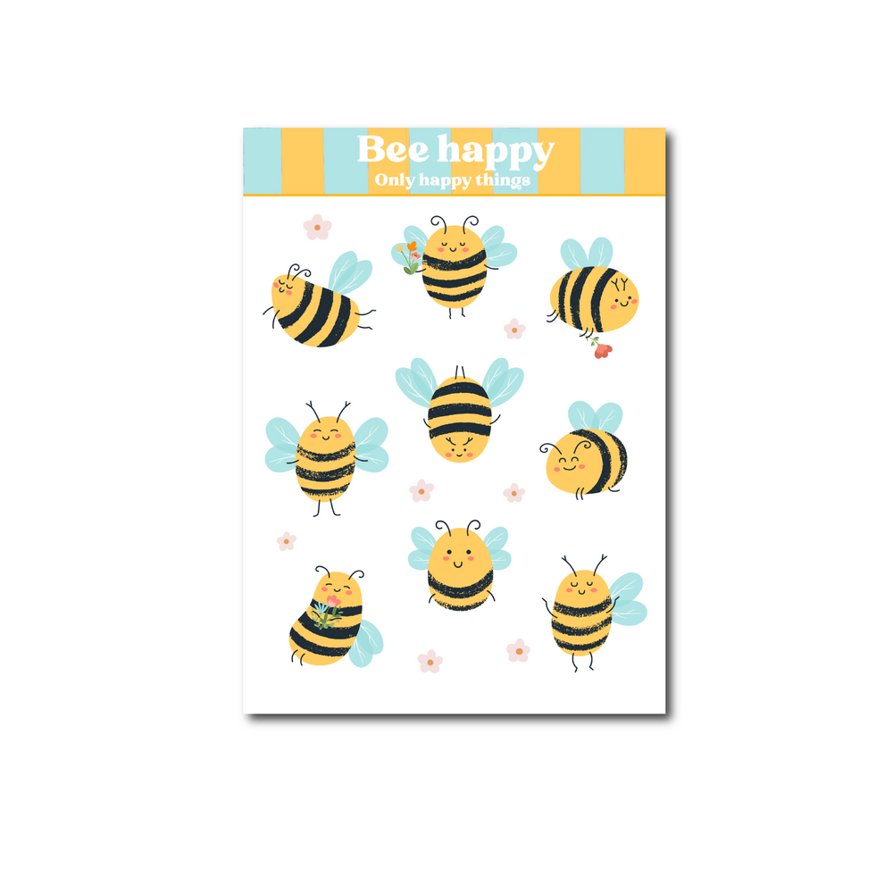 Bee Happy Sticker Sheet with cartoon bees and "Bee happy" slogan