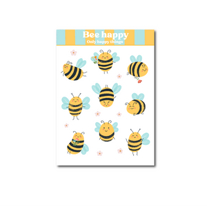 Bee Happy Sticker Sheet with cartoon bees and "Bee happy" slogan